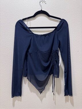 Navy Long-Sleeve Ruched Sheer Blouse